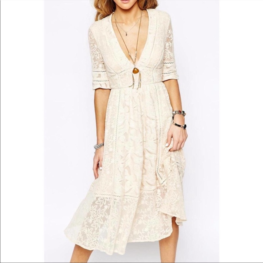 Free People Mountain Laurel Lace Midi Dress in Almond